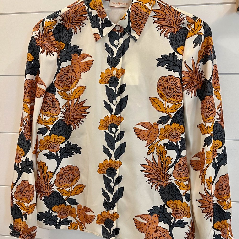 NWT Tory Burch Printed 100% Silk Orange Wonderland Vine Shirt Size: 4